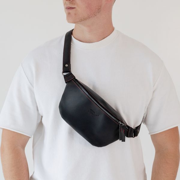 Шкіряна сумка-бананка Shoulder bag (Чорний з червоною ниткою) 1555 фото