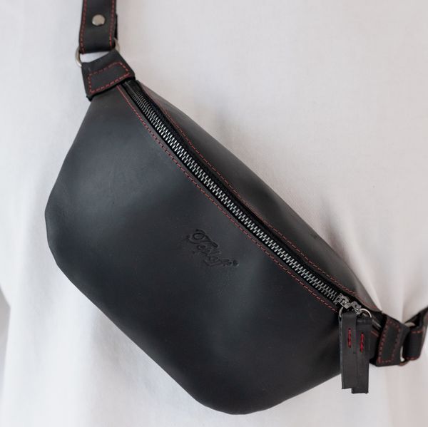 Шкіряна сумка-бананка Shoulder bag (Чорний з червоною ниткою) 1555 фото