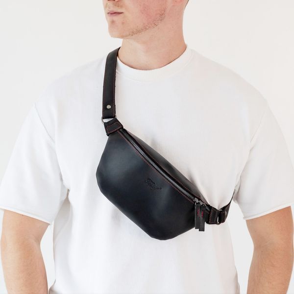 Кожаная сумка-бананка Shoulder bag (Черный с красной нитью) 1555 фото