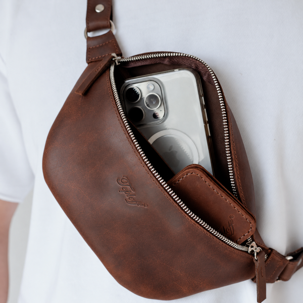 Шкіряна сумка-бананка Shoulder bag (Коньяк) 1560 фото